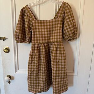 Madewell Plaid Puff Sleeve Mini Dress - Pink and Brown